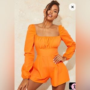 Bright Orange Tie Back Long Sleeve Romper